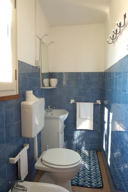 Bagno con piastrelle blu e sanitari bianchi.