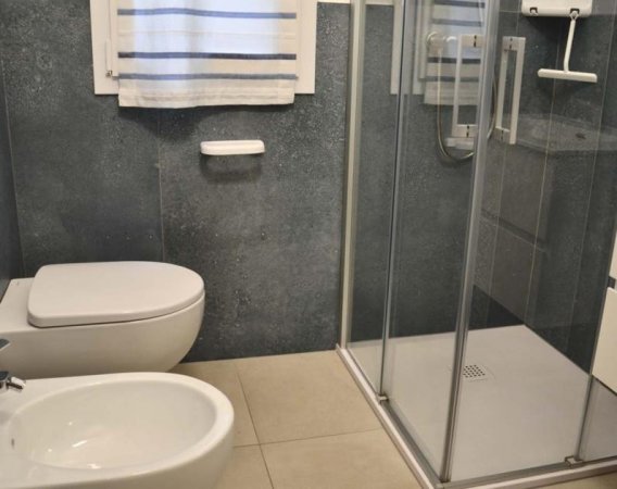 Bagno moderno con doccia e sanitari bianchi.
