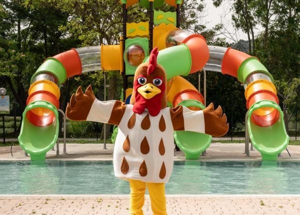 Una mascotte a forma di gallo davanti a scivoli d'acqua colorati.