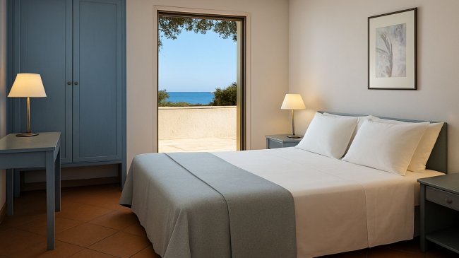 Camera da letto con vista mare, mobili blu e due lampade.