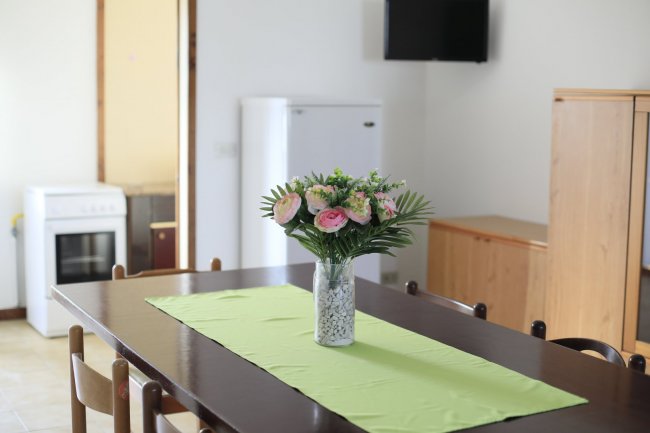 Tavolo da pranzo con vaso di fiori al centro.