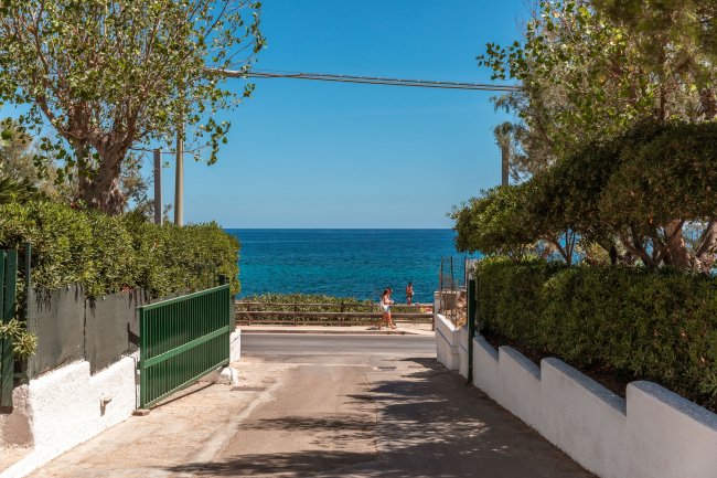 Viale verso il mare con cancello verde aperto.