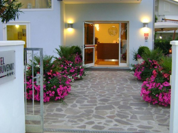 Ingresso hotel con piante e fiori colorati.
