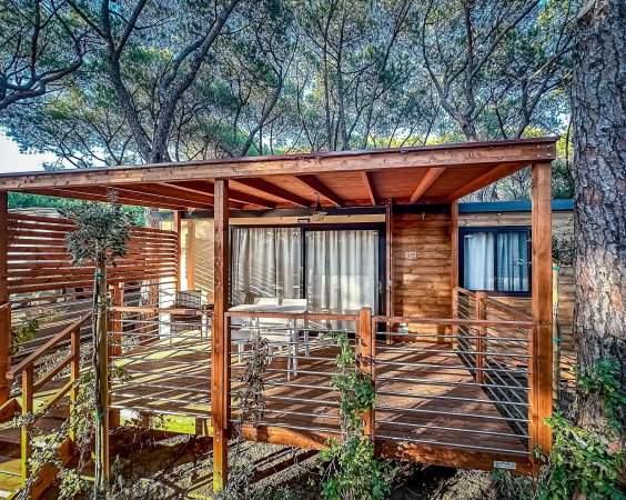 Veranda in legno con tavolo e sedie esterni.