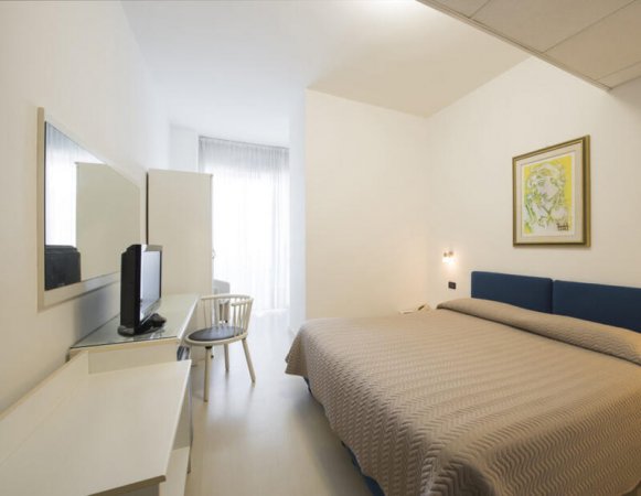 Stanza con letto matrimoniale, TV su scrivania e quadro appeso. Mobili bianchi e pareti chiare.