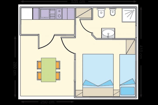 Pianta di un appartamento con due stanze.