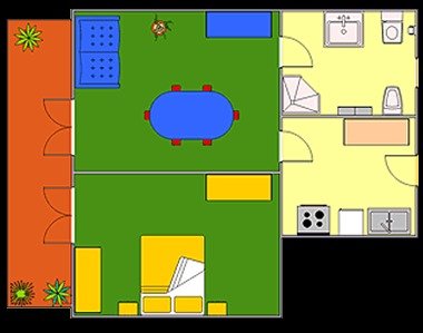 Appartamento con cucina, bagno, soggiorno e camera, terrazzo con piante.