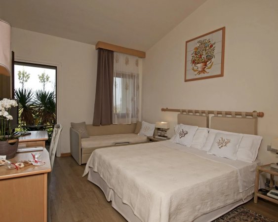 Camera d'hotel accogliente con letto matrimoniale e divano.