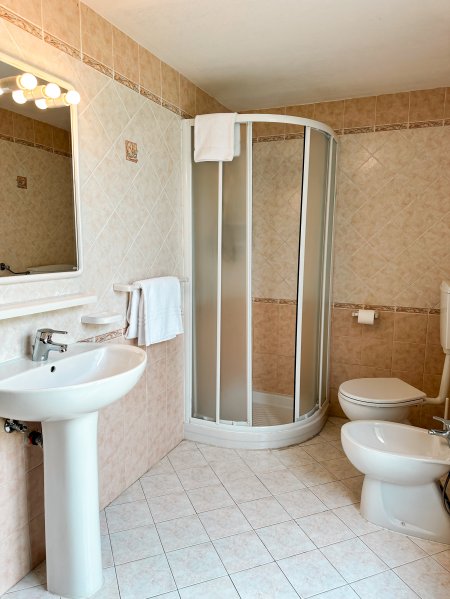 Bagno con doccia, lavandino e WC.