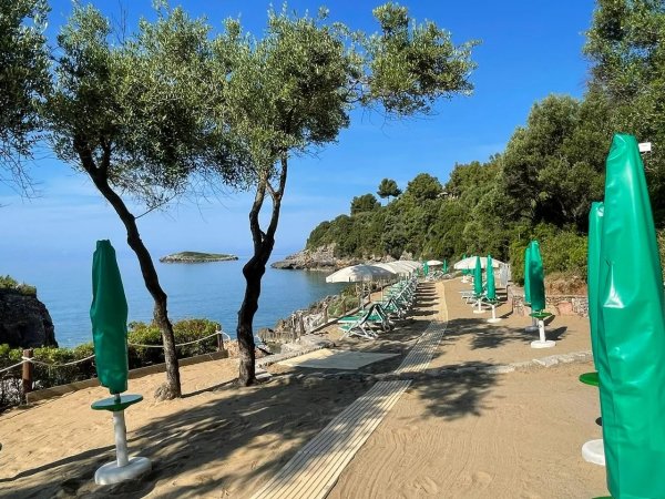 Sentiero sabbioso con alberi e ombrelloni verdi chiusi, vista mare.