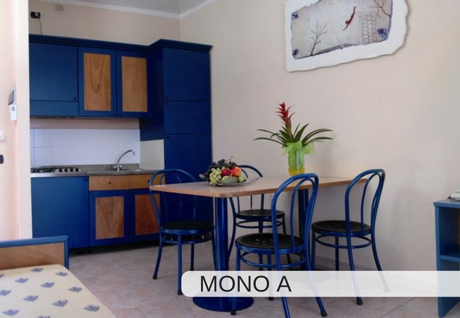 Cucina con mobili blu, tavolo con quattro sedie, e pianta con fiori rossi.