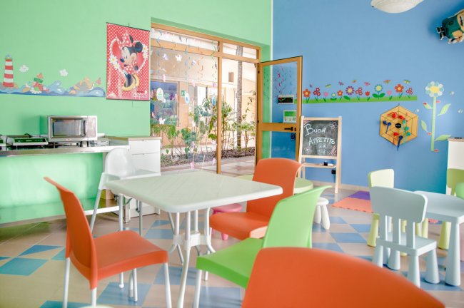 Sala colorata con tavolini e sedie per bambini, decorazioni murali vivaci e giochi.