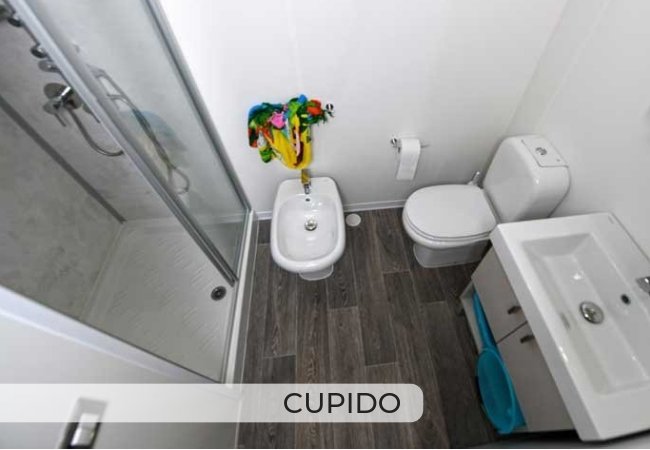 Bagno con doccia, bidet e lavabo moderni.