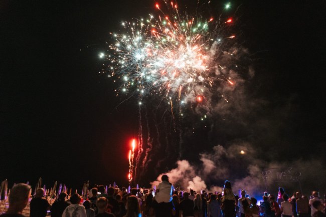 Fuochi d'artificio colorati nel cielo notturno.