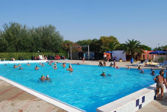 Persone che nuotano in una piscina all'aperto, circondate da piante e sedie.