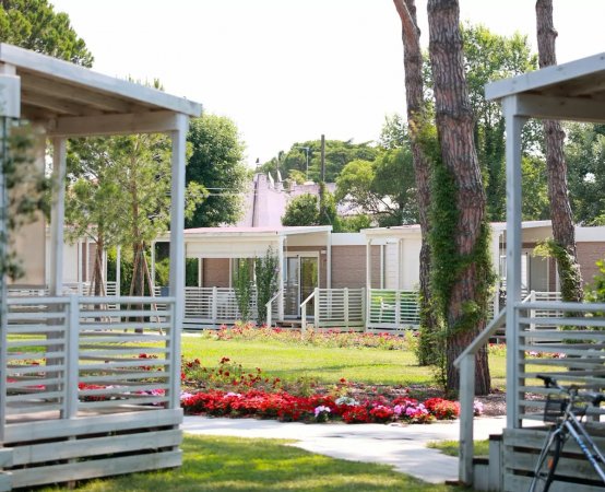 Bungalow moderni immersi in un giardino fiorito con vialetti erbosi e alberi alti.